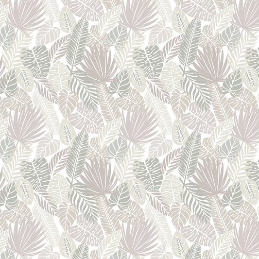 Maßangefertigte Vliestapete mit pastellfarbenen Monstera- und Palmenblättern im botanischen Kindermuster.