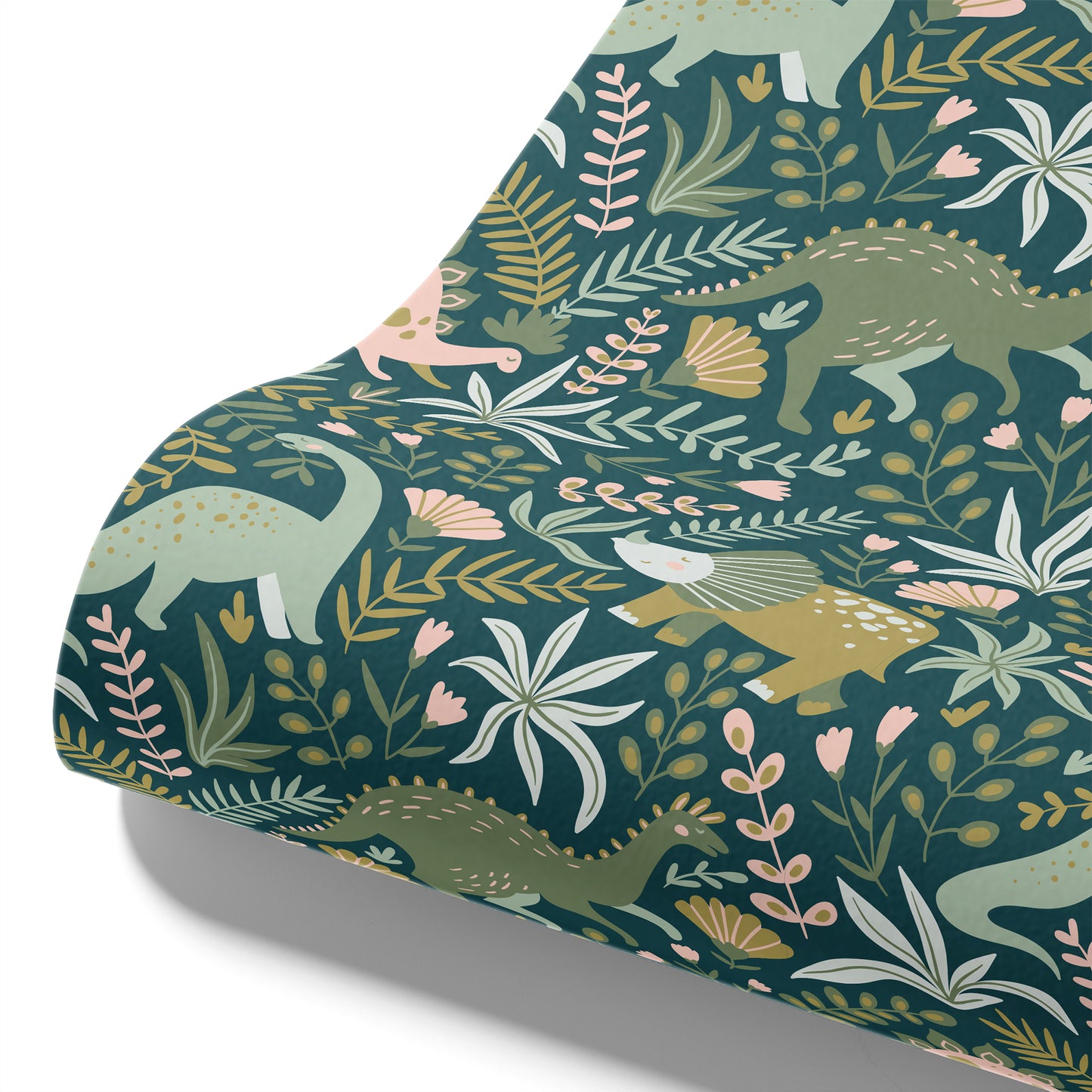 Maßangefertigte Vliestapete mit pastellfarbenen Dinosauriern, Blättern und Farn für Kinderzimmer.