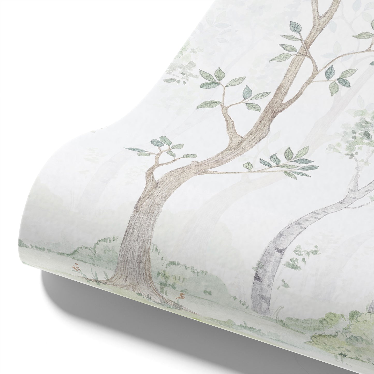 Maßangefertigte Vliestapete mit pastellfarbenem Birkenwald in Aquarellstil für Kinderzimmer.