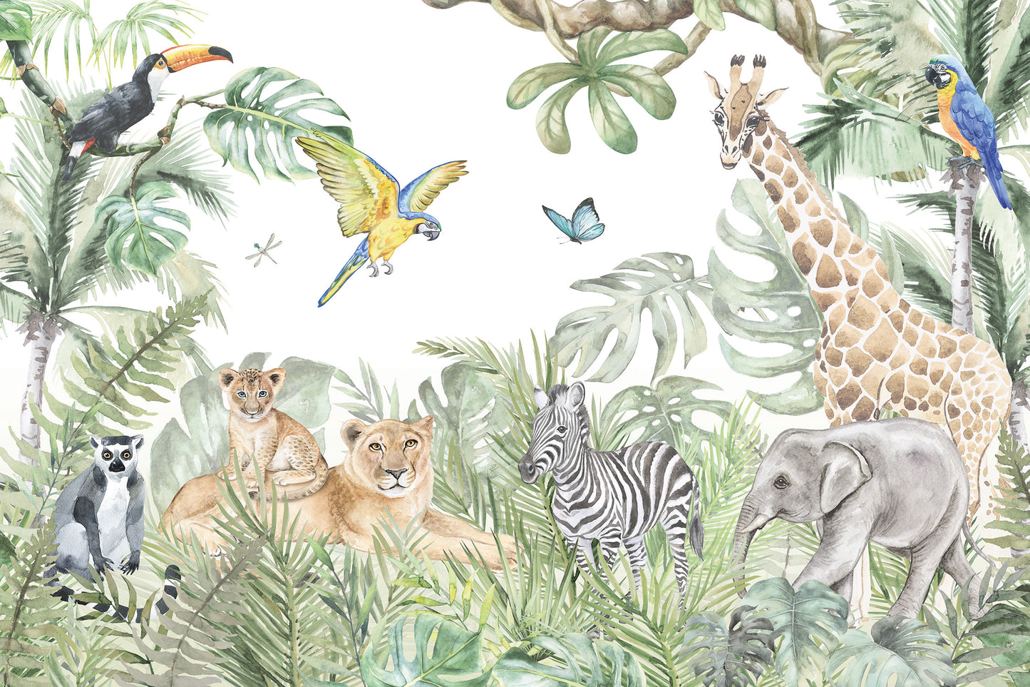 Maßangefertigte Vliestapete mit Aquarell-Dschungeltieren wie Elefant, Giraffe, Zebra und Papagei vor tropischen Blättern.