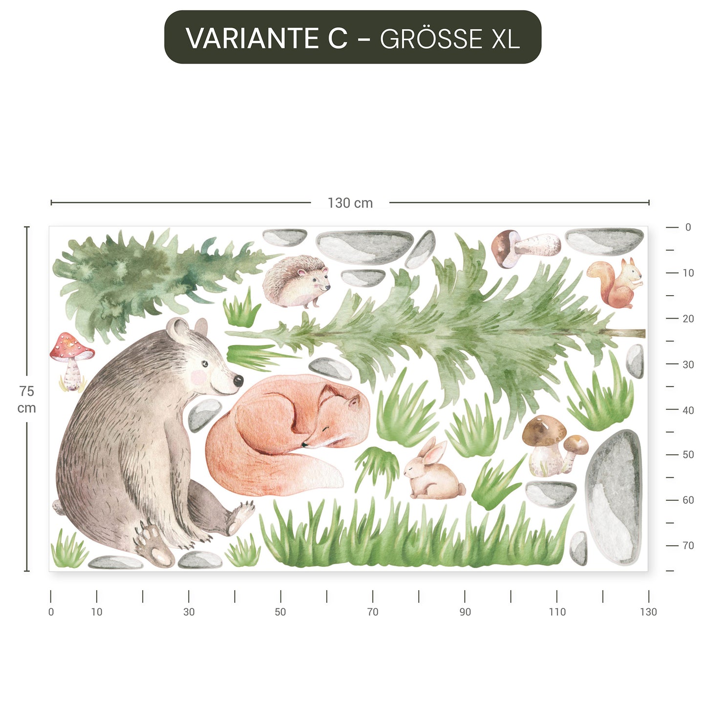 Wandtattoo Waldtiere Landschaft mit Bär, Reh und Fuchs, Aquarellstil, wiederablösbar, ohne weißen Rand.