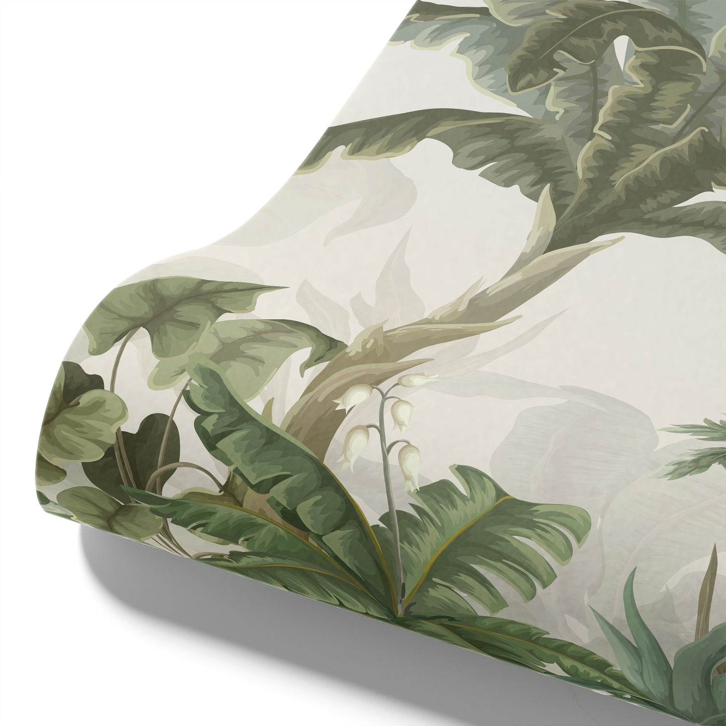 Maßangefertigte Vliestapete mit Dschungel- und Bananenblatt-Motiven in Pastellgrün und Beige im Kinderzimmer.