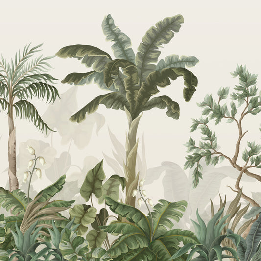 Maßangefertigte Vliestapete mit Dschungel- und Bananenblatt-Motiven in Pastellgrün und Beige im Kinderzimmer.