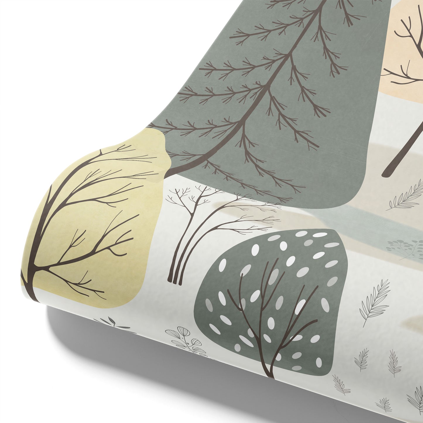 Maßangefertigte Vliestapete mit pastellfarbenen, geometrischen Baum-Illustrationen in Kinderzimmer.