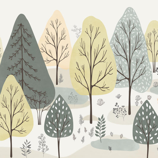 Maßangefertigte Vliestapete mit pastellfarbenen, geometrischen Baum-Illustrationen in Kinderzimmer.