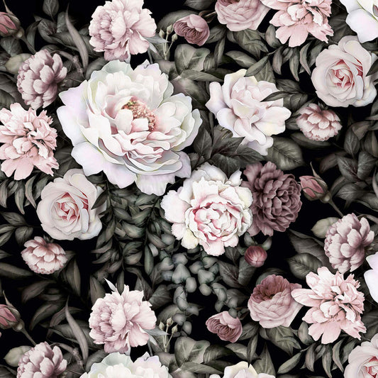 Maßangefertigte Vliestapete mit hellen Pfingstrosen, grünen Blättern und floralem Vintage-Muster.