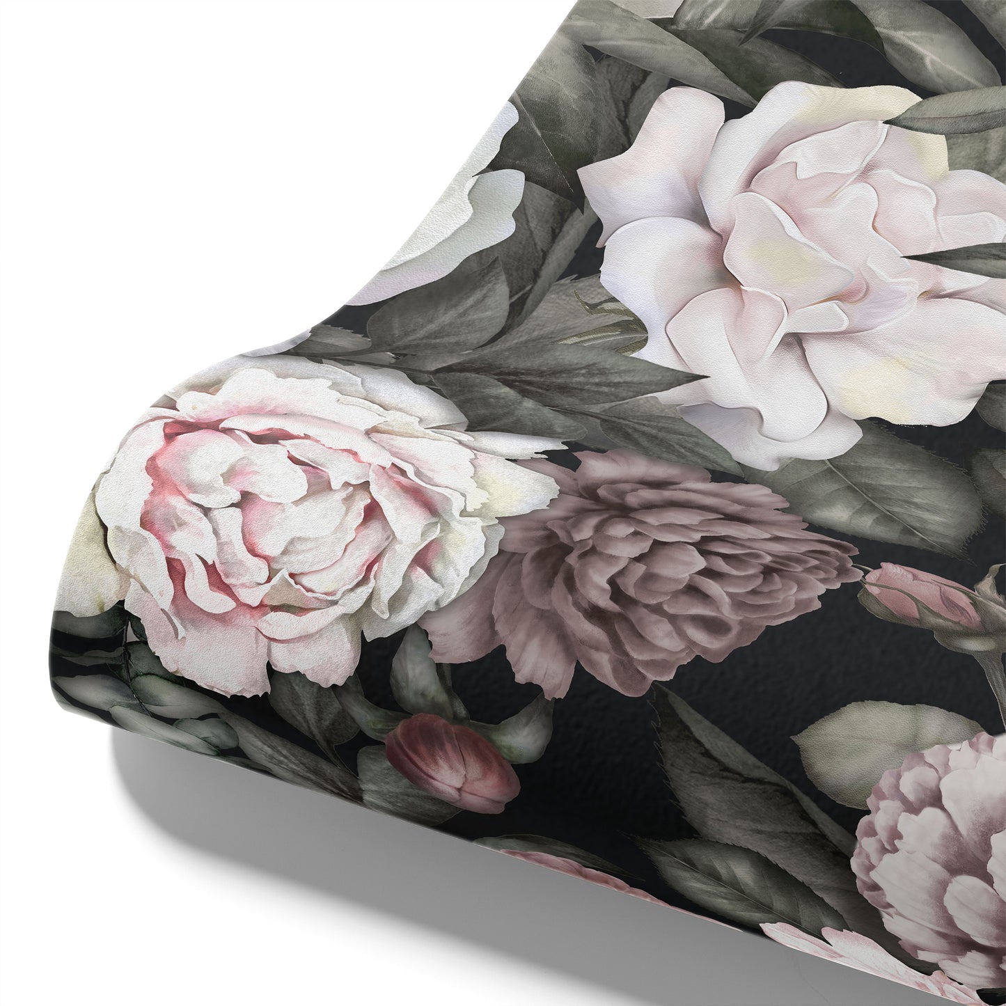 Maßangefertigte Vliestapete mit hellen Pfingstrosen, grünen Blättern und floralem Vintage-Muster.