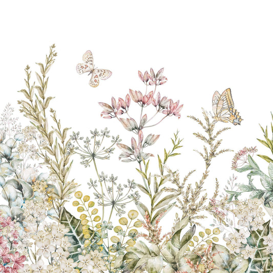 Maßangefertigte Vliestapete mit zarten Aquarellblumen, Schmetterlingen und Pastellgräsern im Schlafzimmer.