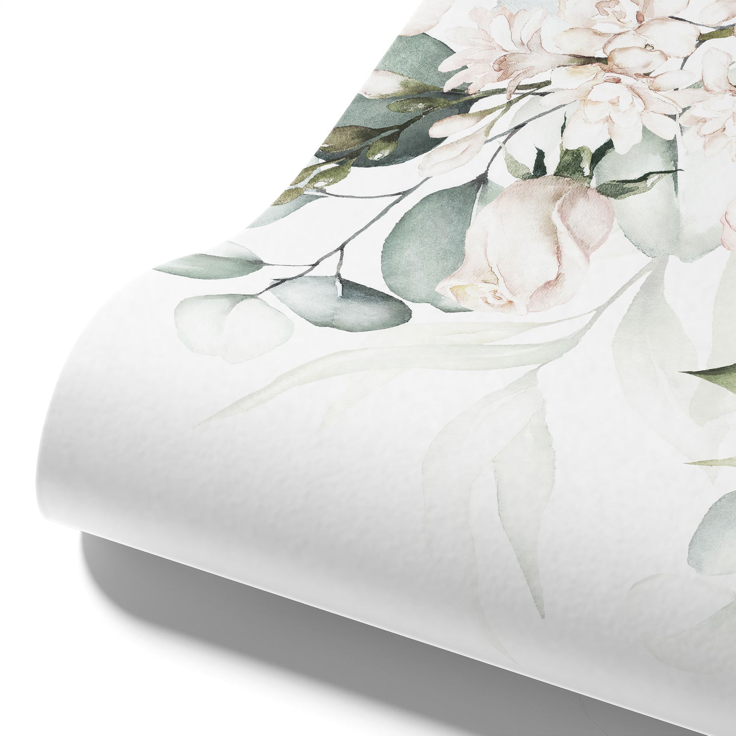 Maßangefertigte Vliestapete mit zartem Aquarell-Flower-Design in Pastellgrün über weißem Hintergrund.