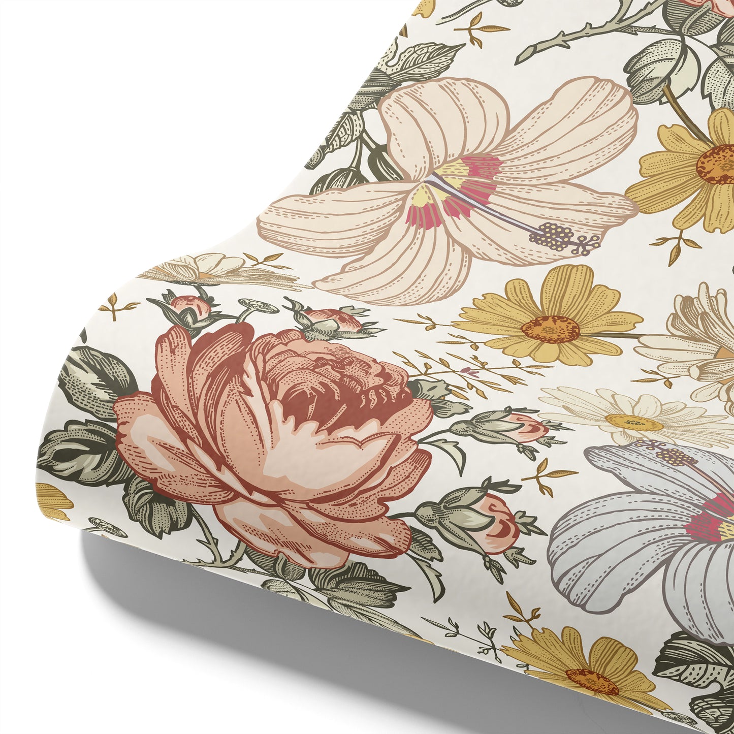 Maßangefertigte Vliestapete mit vintage Blumenmuster in warmen Beige- und Rosatönen.