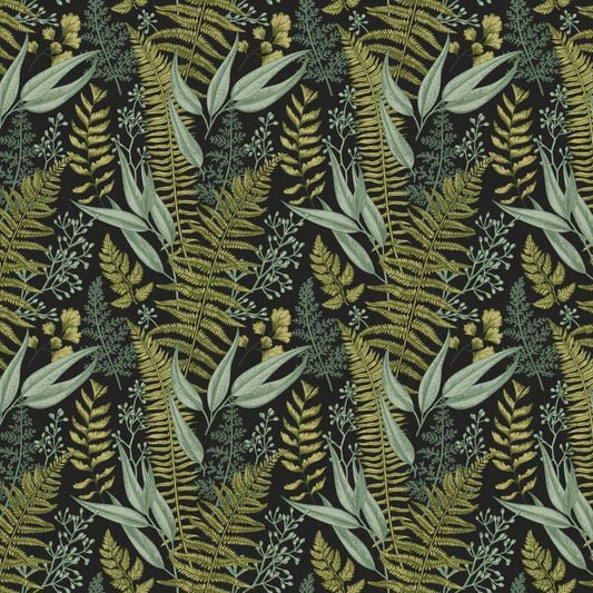 Maßangefertigte Vliestapete mit botanischem Farnmuster in Grün- und Senftönen, Vintage-Stil.