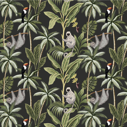 Maßangefertigte Vliestapete mit botanischem Dschungelmuster, grünen Blättern, Affen und Faultieren auf dunklem Grund, modern .