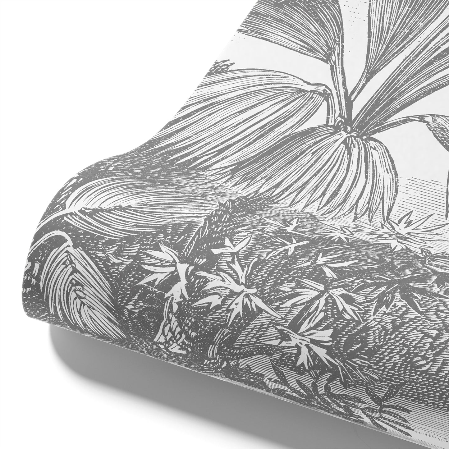 Maßangefertigte Vliestapete mit botanischem Holzschnitt in Grau, Palmen- und Pflanzenmuster in modernem Wohnzimmer.