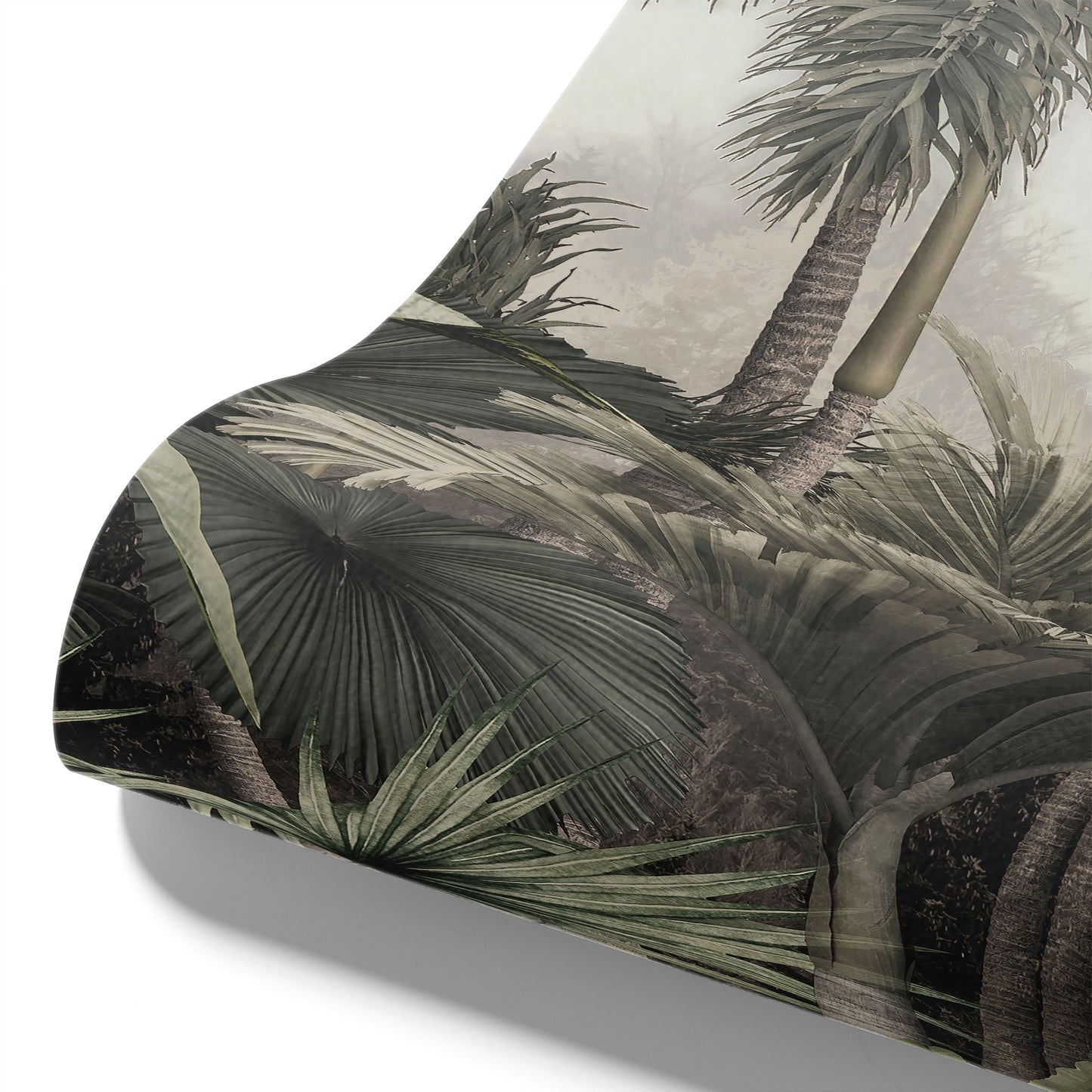 Maßangefertigte Vliestapete mit pastellfarbener Dschungel-Landschaft und botanischen Palmenblättern im Schlafzimmer.