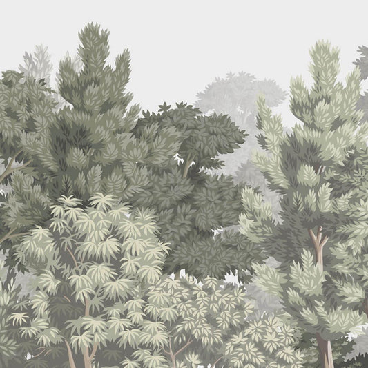 Maßangefertigte Vliestapete mit pastellfarbenem Wald- und Blättermotiv im Wohnzimmer hinter Holzkommode.