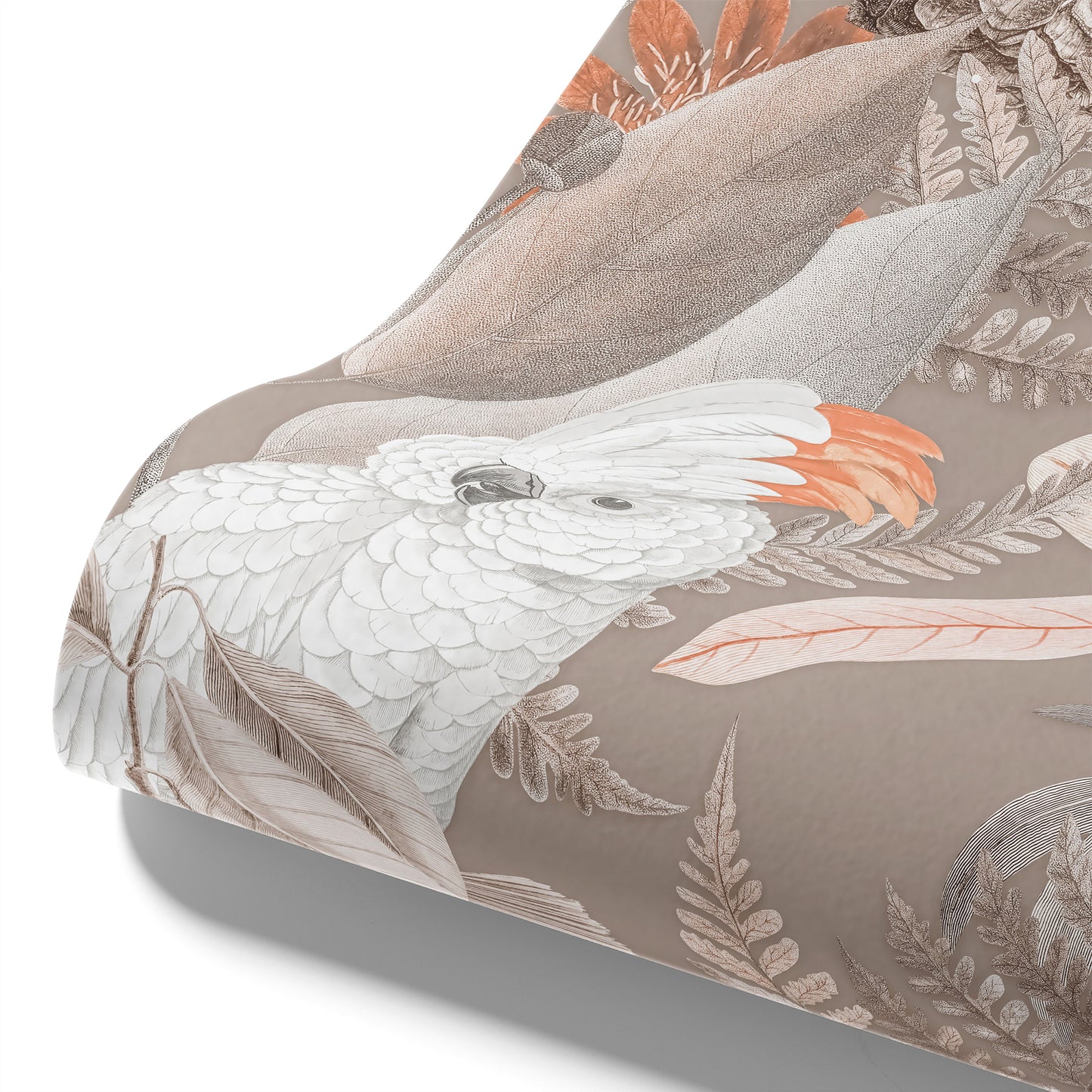 Maßangefertigte Vliestapete mit botanischem Muster in Pastellbraun, tropische Vögel und Blätter, Dschungelstil im Esszimmer.