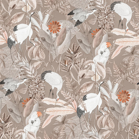 Maßangefertigte Vliestapete mit botanischem Muster in Pastellbraun, tropische Vögel und Blätter, Dschungelstil im Esszimmer.