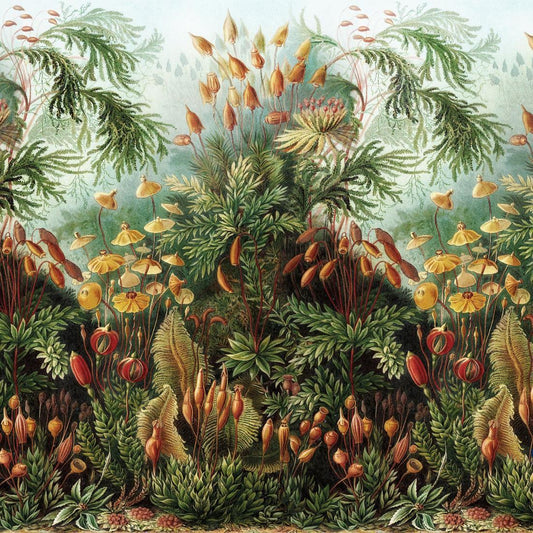 Maßangefertigte Vliestapete mit botanischem Moos-, Blumen- und Blätterdesign in Vintage-Stil.