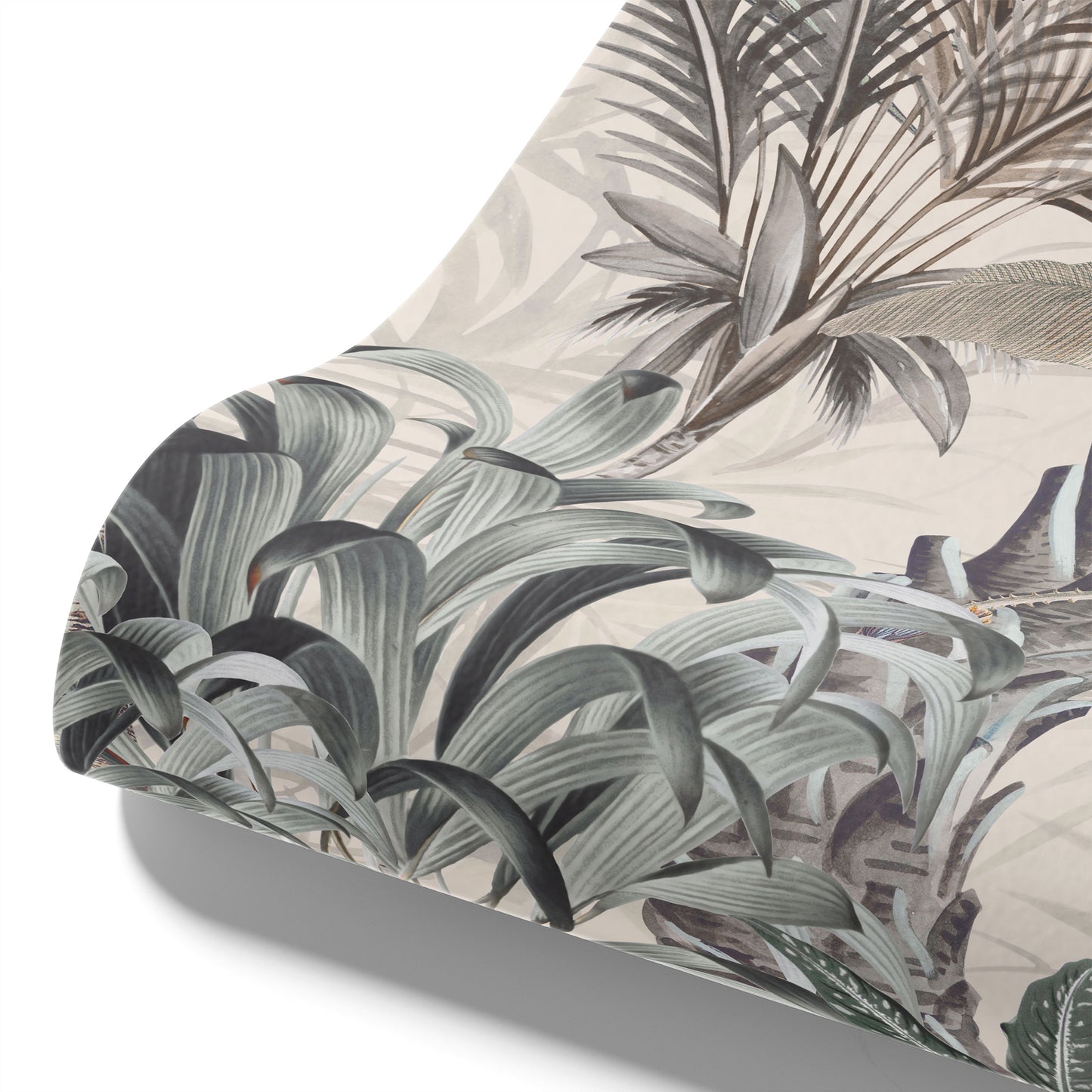 Maßangefertigte Vliestapete mit Aquarell-Blättern und botanischem Vintage-Tropenmuster in Pastellfarben im Esszimmer.