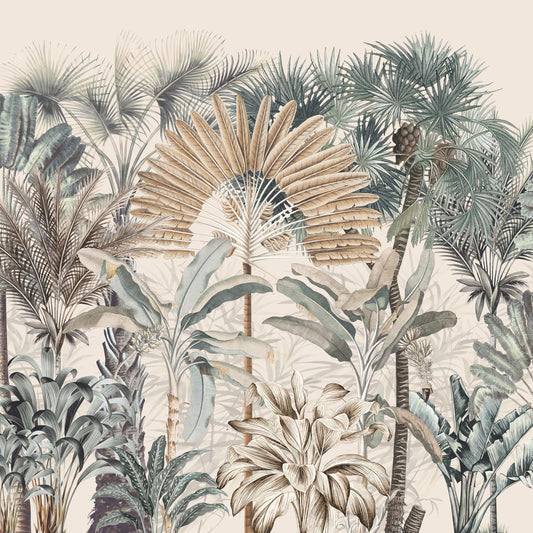 Maßangefertigte Vliestapete mit Aquarell-Blättern und botanischem Vintage-Tropenmuster in Pastellfarben im Esszimmer.