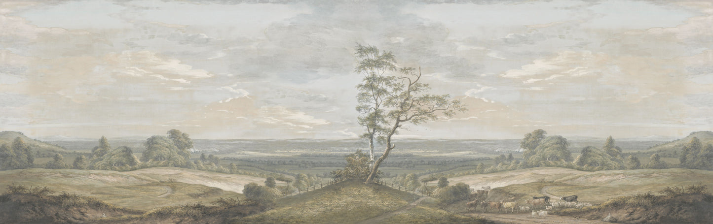 Maßangefertigte Vliestapete mit vintage Landschaft, pastellfarbene Hügel, Bäume und Himmel.