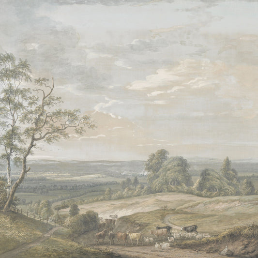 Maßangefertigte Vliestapete mit vintage Landschaft, pastellfarbene Hügel, Bäume und Himmel.