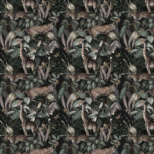 Maßangefertigte Vliestapete mit dunklem Dschungelmotiv, Blättern, Giraffen, Leoparden und Zebras.