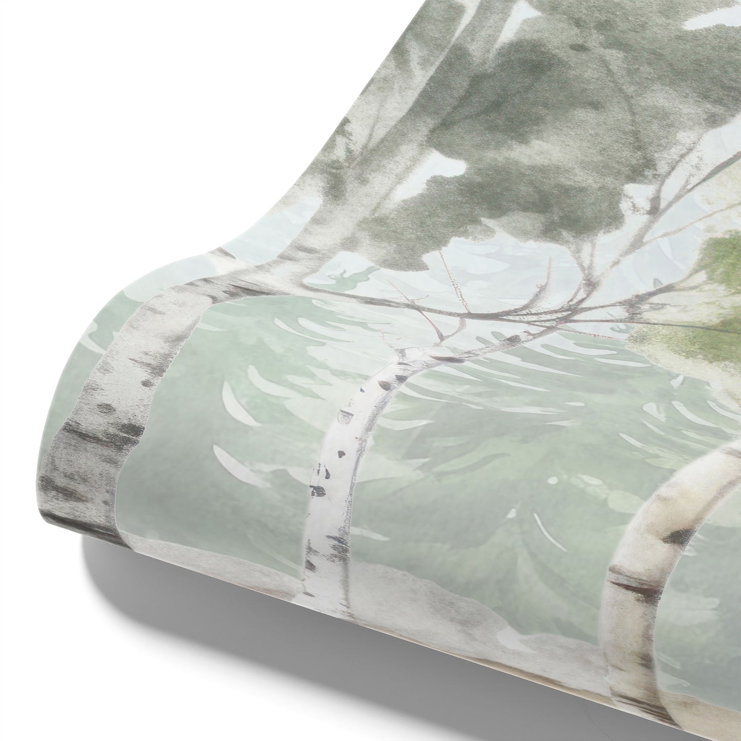 Maßangefertigte Vliestapete mit Aquarell-Birkenwald in Pastellfarben für Kinderzimmer.