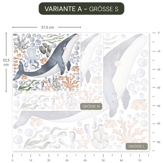 Wandtattoo Meeresboden mit Walen, Schildkröte, Seepferdchen und Korallen, wiederablösbar, ohne weißen Rand.