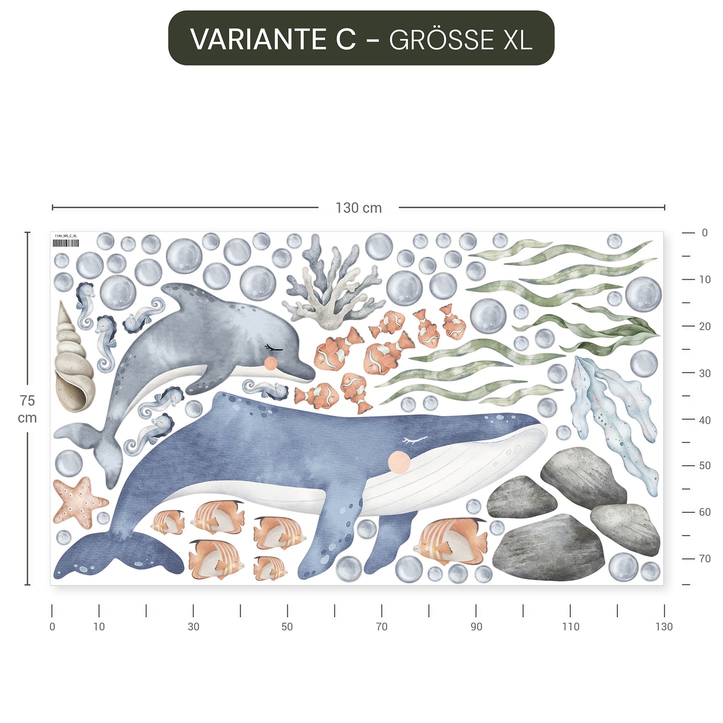 Wandtattoo Meeresboden mit Walen, Schildkröte, Seepferdchen und Korallen, wiederablösbar, ohne weißen Rand.