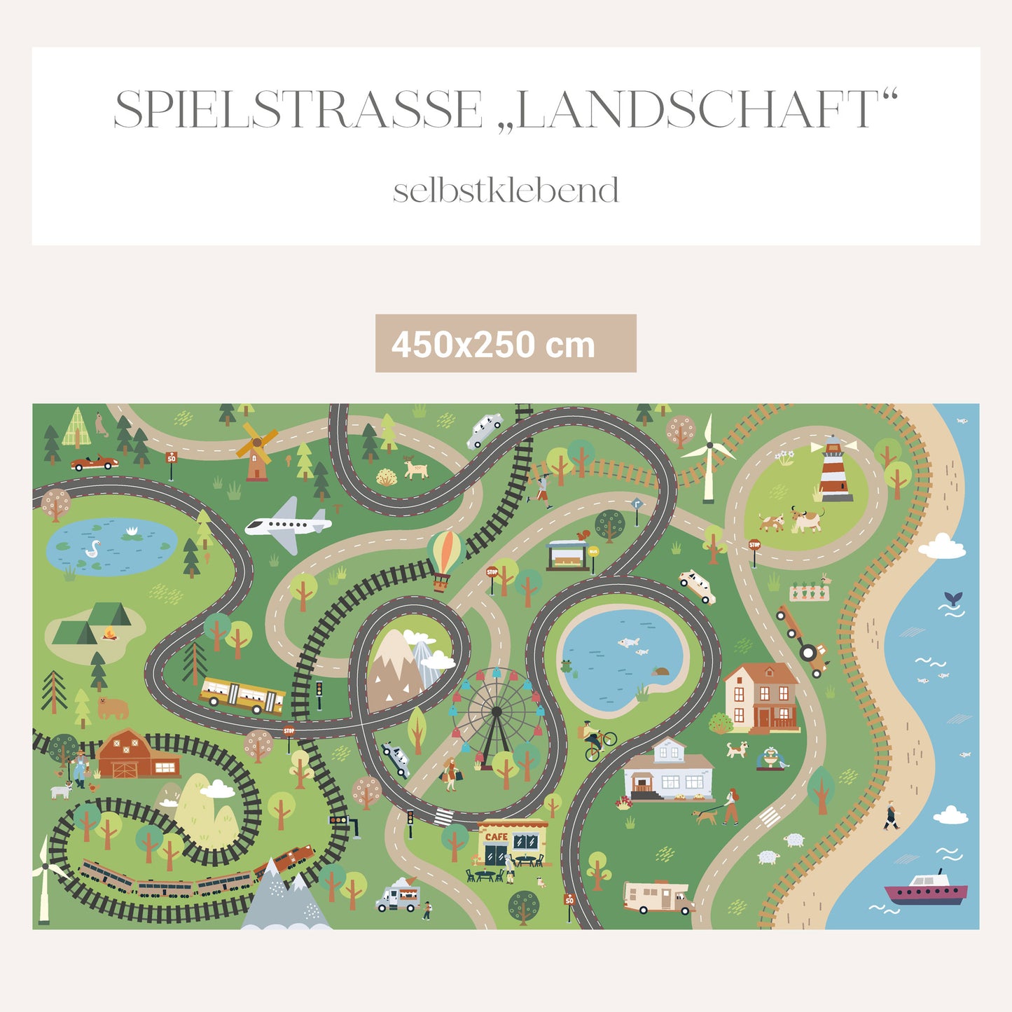 Kindertapete Spielstraße Landschaft mit Maßenfertigter Vliestapete, Pastellfarben, Autos, Bus, Fahrrad, Riesenrad und Teich.