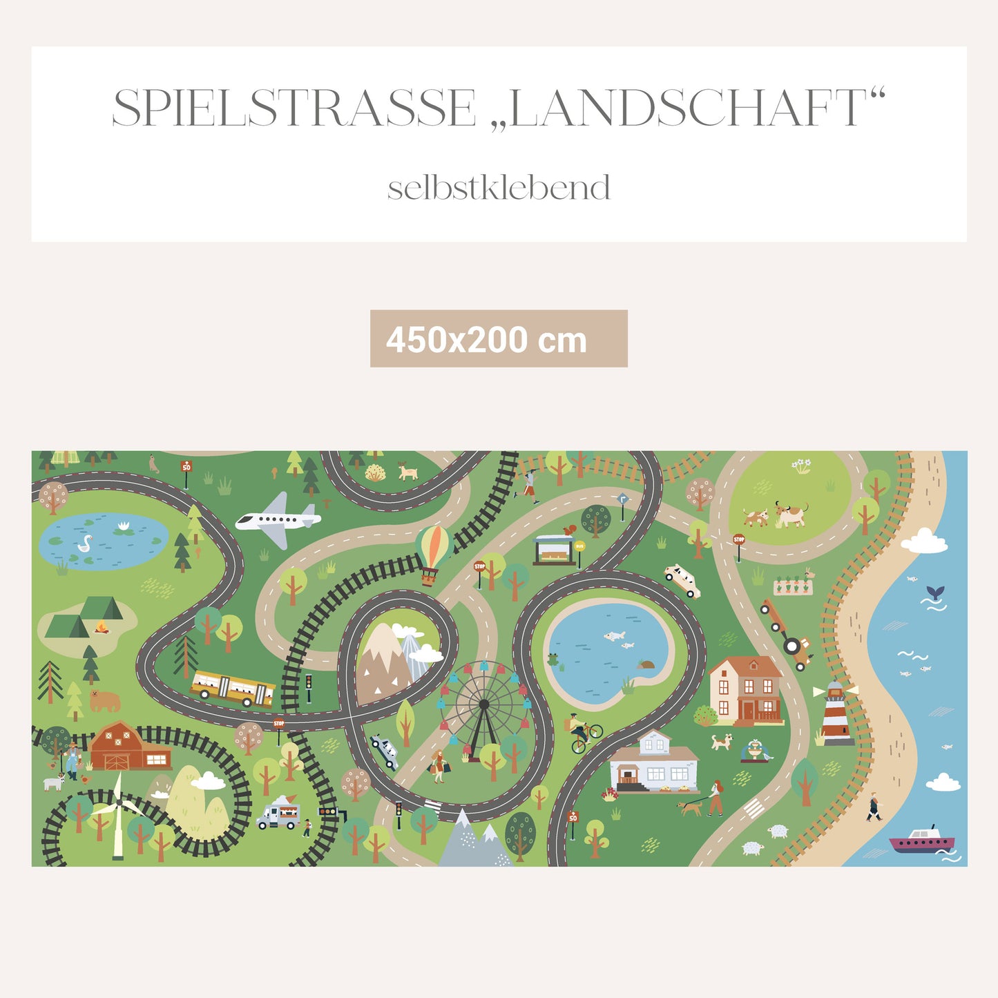 Kindertapete Spielstraße Landschaft mit Maßenfertigter Vliestapete, Pastellfarben, Autos, Bus, Fahrrad, Riesenrad und Teich.