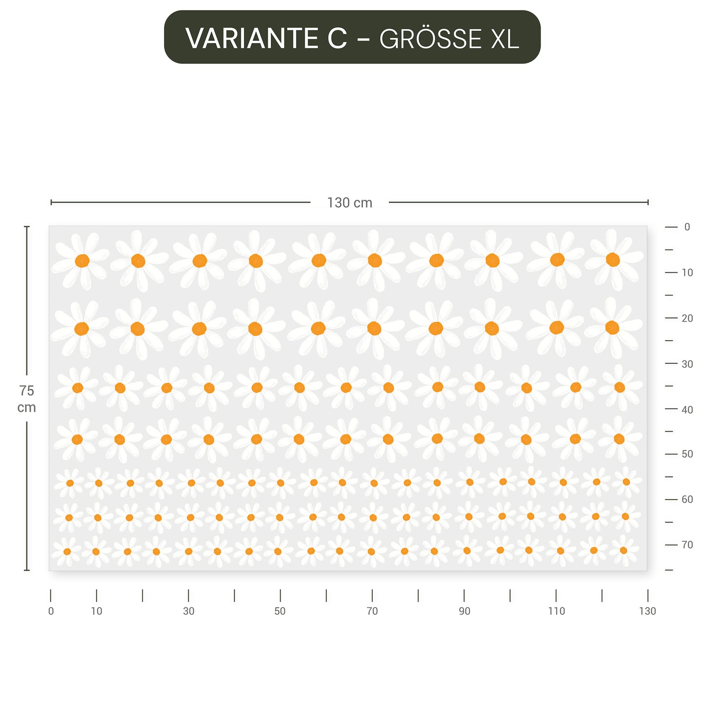 Wiederablösbares Wandtattoo mit weißen Gänseblümchen ohne weißen Rand auf grauer Wand im Babyzimmer.
