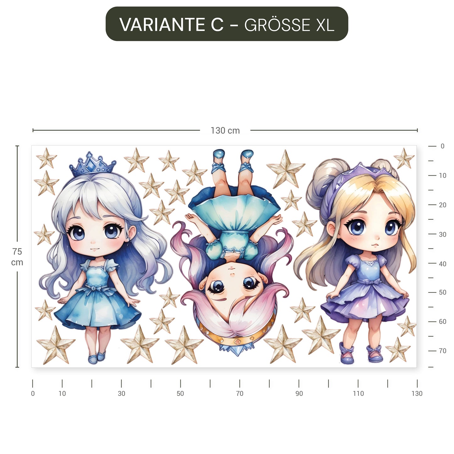 Wiederablösbares Wandtattoo Prinzessinnen ohne weißen Rand in pastellfarben für Kinderzimmer.