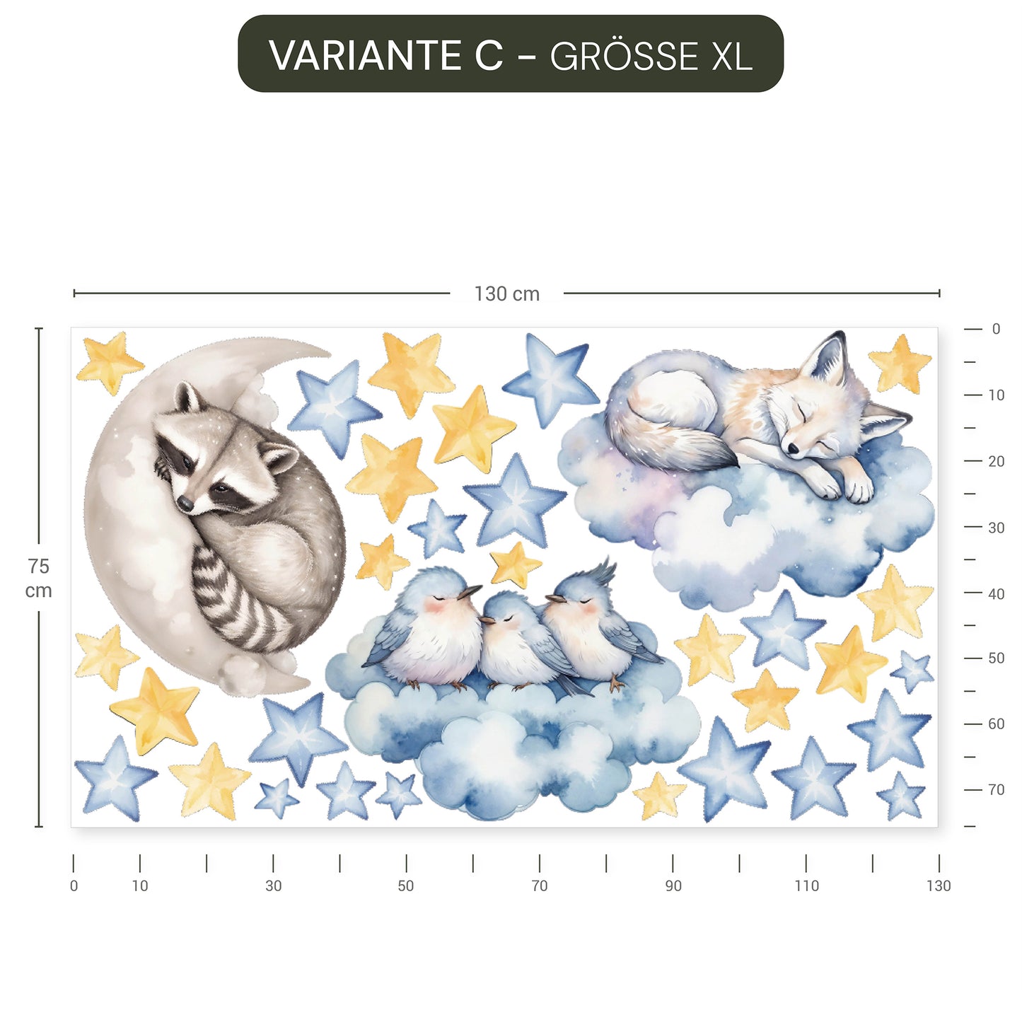 Wandtattoo Wolken Tiere mit Waschbär, Hasen und Vögeln in Aquarell, wiederablösbar, ohne weißen Rand.