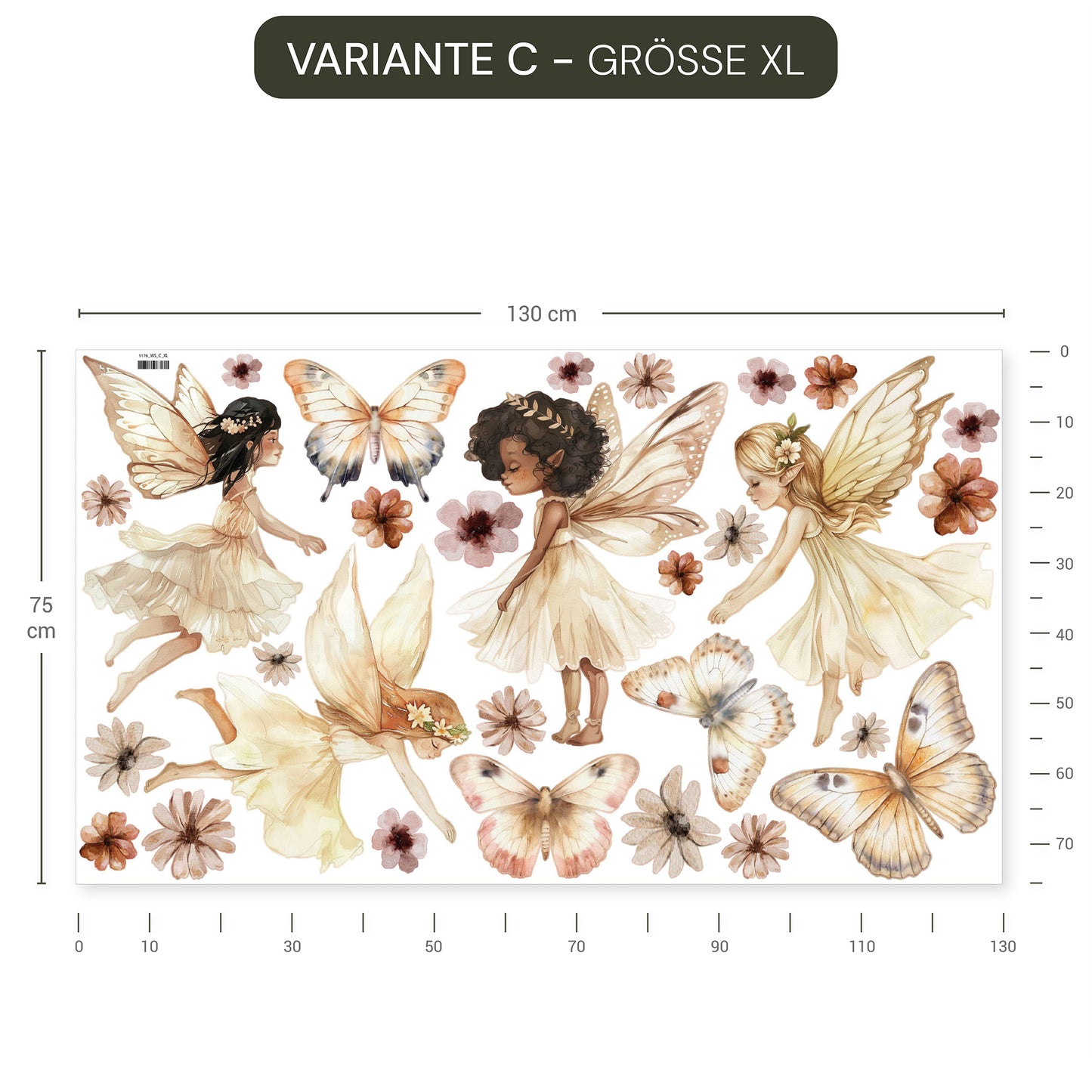 Feenwald Wandtattoo in Aquarell mit Feen, Schmetterlingen und Pilzen, wiederablösbar, ohne weißen Rand, pastellfarben.