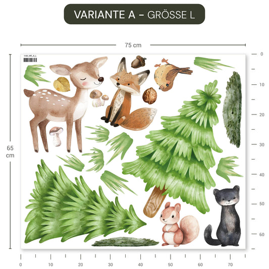 Bär, Fuchs, Reh, Eichhörnchen, Hase, Eule, Bäume, wiederablösbar, ohne weißen Rand.