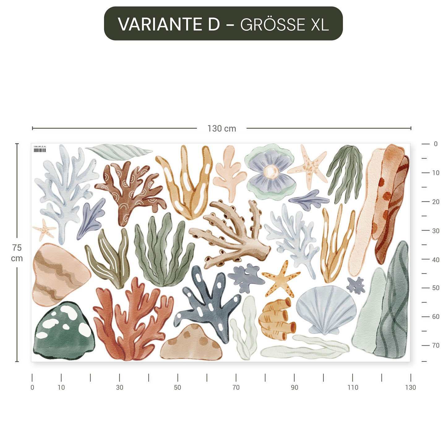 Wandtattoo mit bunten aquarellartigen Meeresbewohnern wie Wal, Kraken, Haien und Seepferdchen, wiederablösbar und ohne.