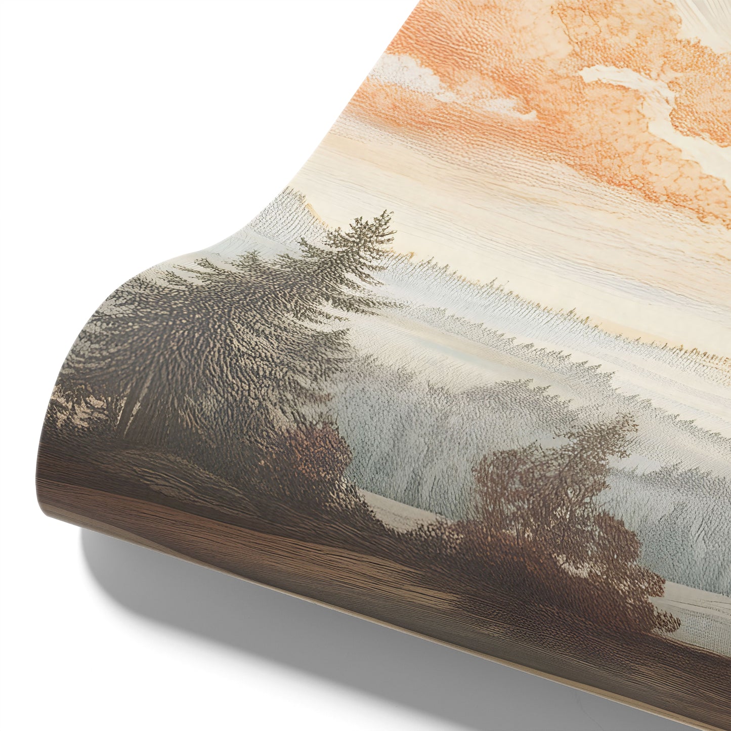 Maßangefertigte Vliestapete mit Aquarell-Motiv von Wald, Tannen und Sonnenaufgang in Pastellfarben.