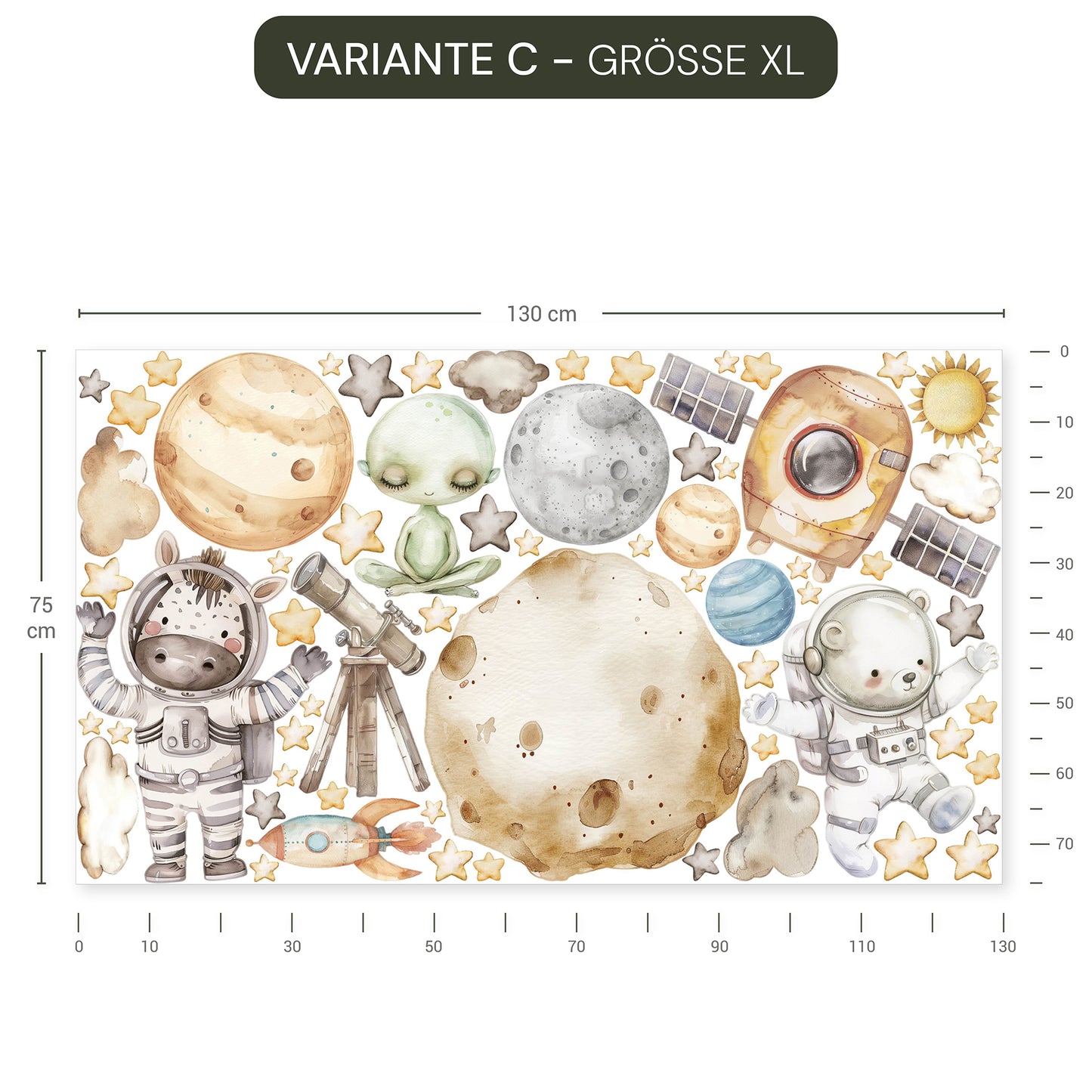 Wandtattoo Sternensafari mit Astronauten, Planeten, Sternen und Tieren, wiederablösbar, ohne weißen Rand.