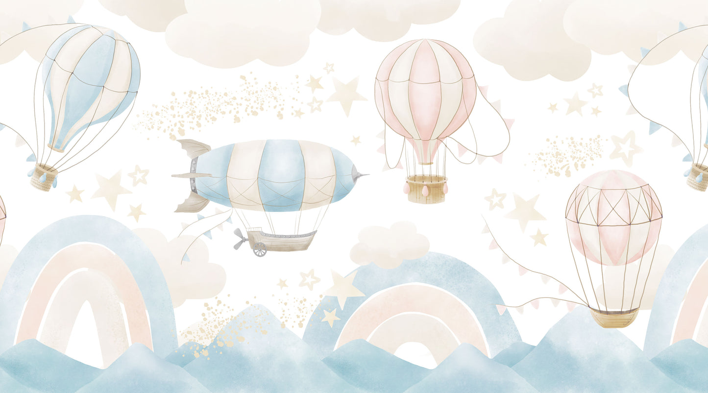 Maßangefertigte Vliestapete mit pastellfarbenen Heißluftballons, Wolken und Sternen für Kinderzimmer.