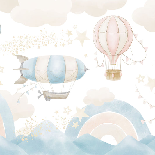 Maßangefertigte Vliestapete mit pastellfarbenen Heißluftballons, Wolken und Sternen für Kinderzimmer.