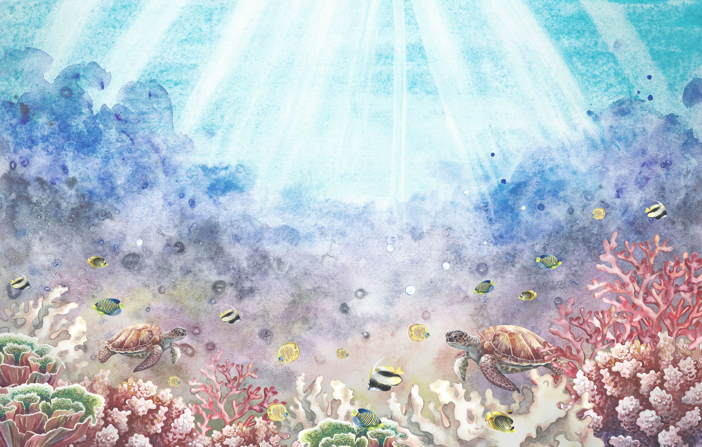 Maßangefertigte Vliestapete mit bunten Tieren und Pflanzen der Unterwasserwelt im Kinderzimmer.