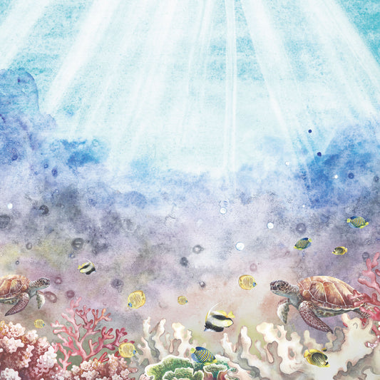 Maßangefertigte Vliestapete mit bunten Tieren und Pflanzen der Unterwasserwelt im Kinderzimmer.