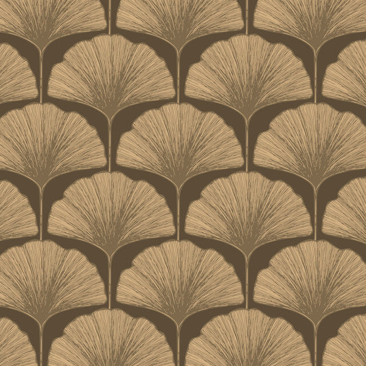 Elegante Maßangefertigte Vliestapete mit stilisierten Ginkgo-Blättern in Braun- und Goldtönen im Esszimmer.