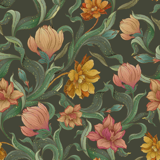 Maßangefertigte Vliestapete mit dunklem Blätterhintergrund und buntem 70er-Blütenmuster im Wohnzimmer.