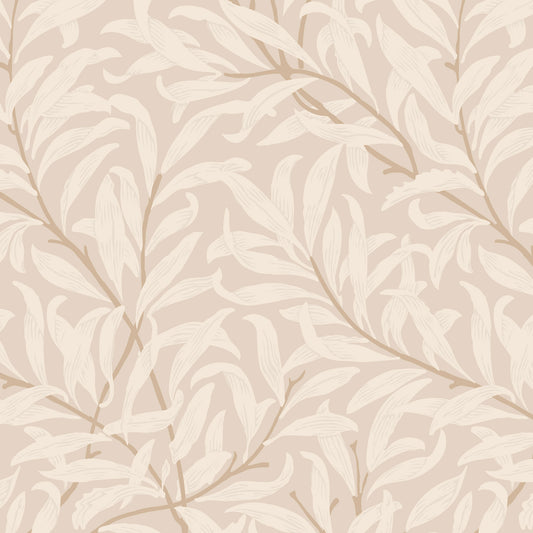 Maßangefertigte Vliestapete mit zartem, organischem Blättermuster in Creme für skandinavisches Wohnzimmer.