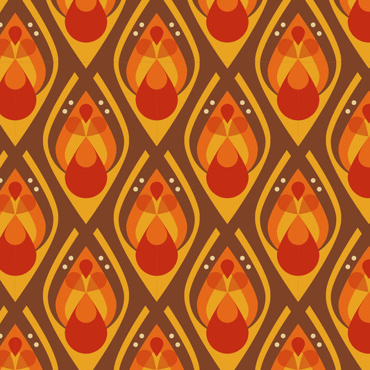 Maßangefertigte Vliestapete mit orangefarbenem 70er-Jahre Retro-Muster im Schlafzimmer.