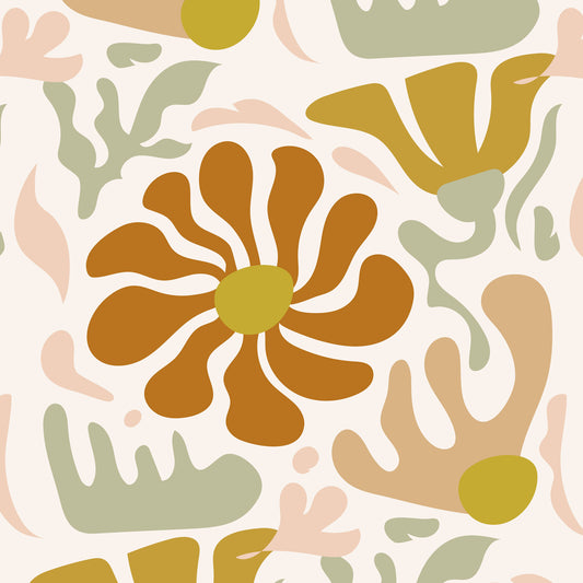 Maßangefertigte Vliestapete mit 70er Jahre Muster, abstrakte orange Blüten und verspielte florale Ornamente im Esszimmer.