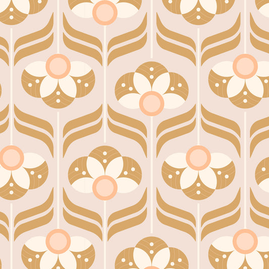 Maßangefertigte Vliestapete Honey Blossom mit retro floralem 70er-Jahre Boho-Stil in warmen Erdtönen im Esszimmer.